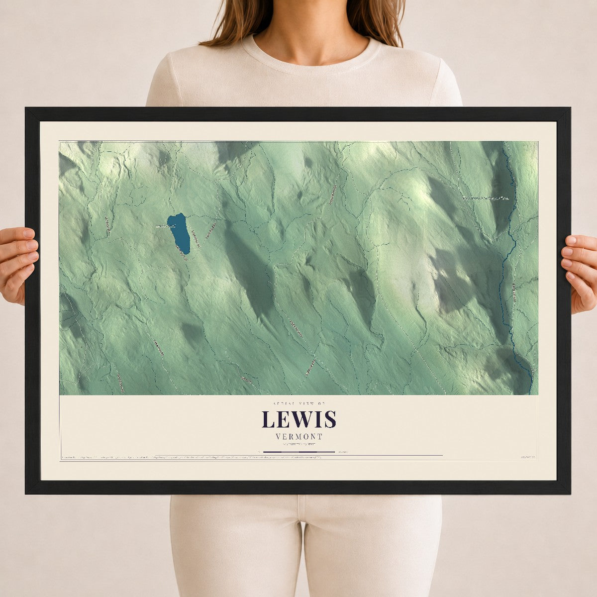 Map of Lewis, Vermont, 18 x 24 inch print in a black wood frame