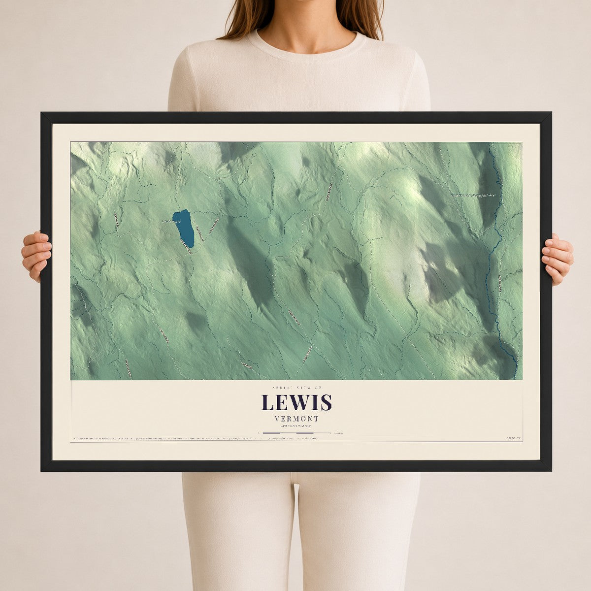 Map of Lewis, Vermont, 24 x 36 inch print in a black wood frame