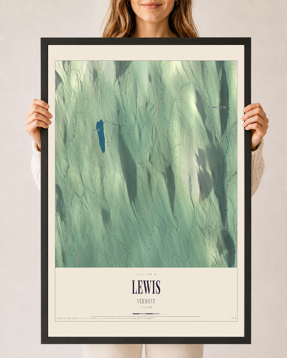 Lewis, Vermont map print - 24 x 36 black Ayous wood frame