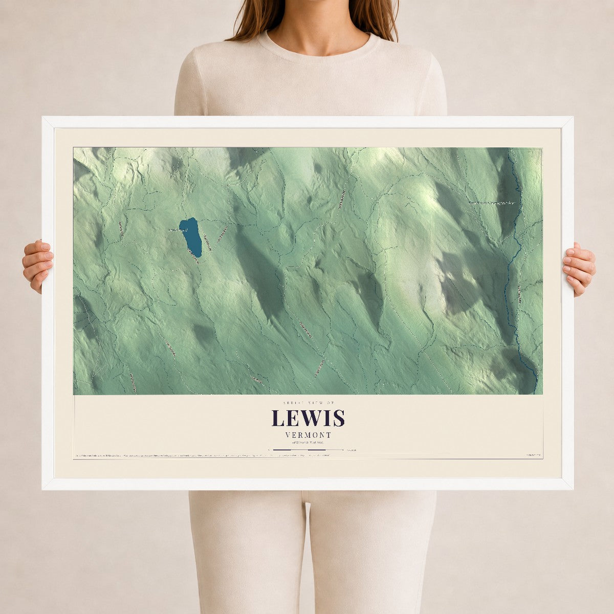Map of Lewis, Vermont, 24 x 36 inch print in a white wood frame