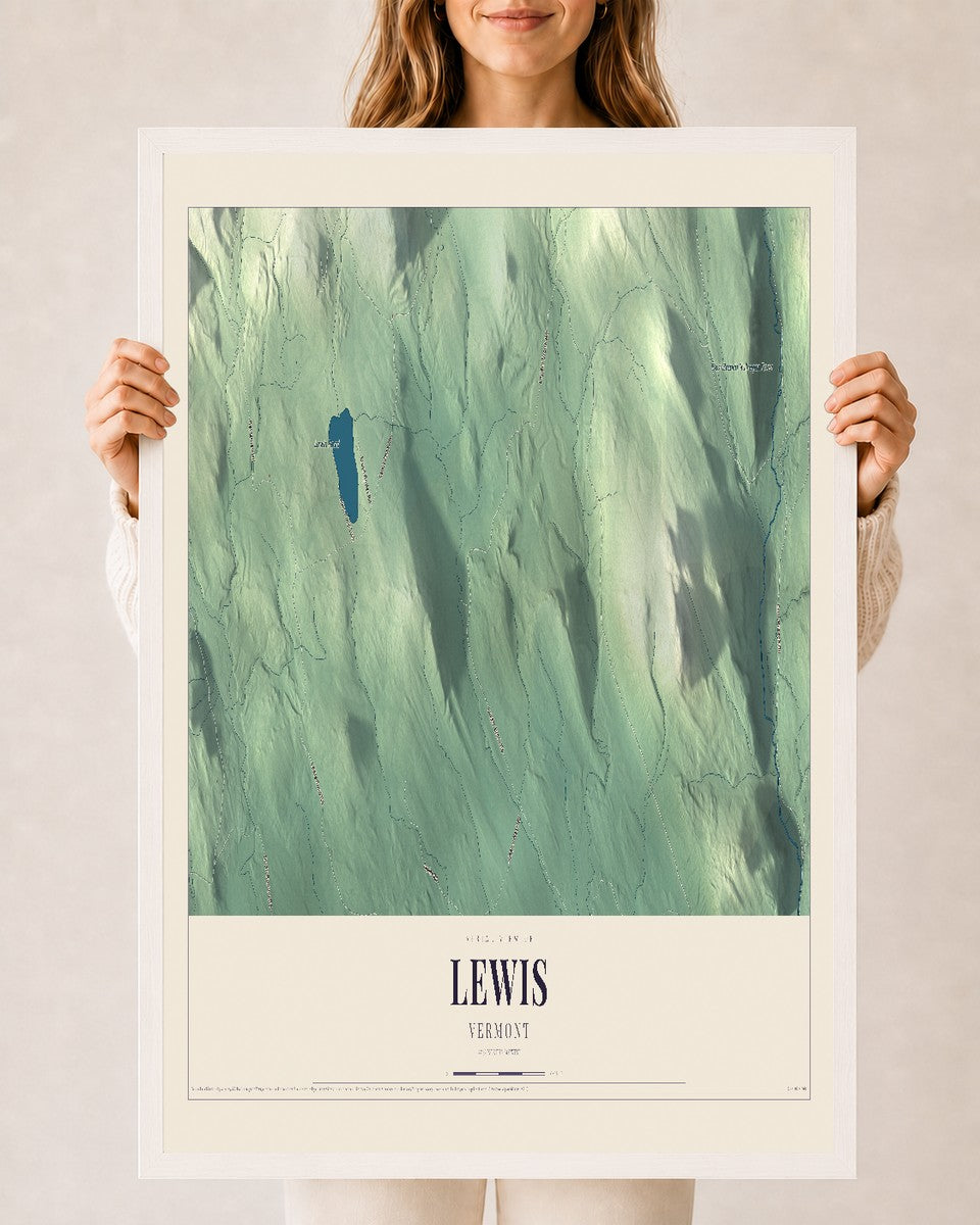Lewis, Vermont map print - 24 x 36 white Ayous wood frame