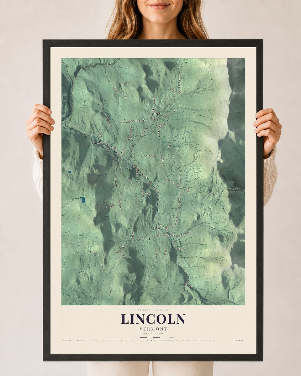 Lincoln, Vermont map print - 24 x 36 black Ayous wood frame