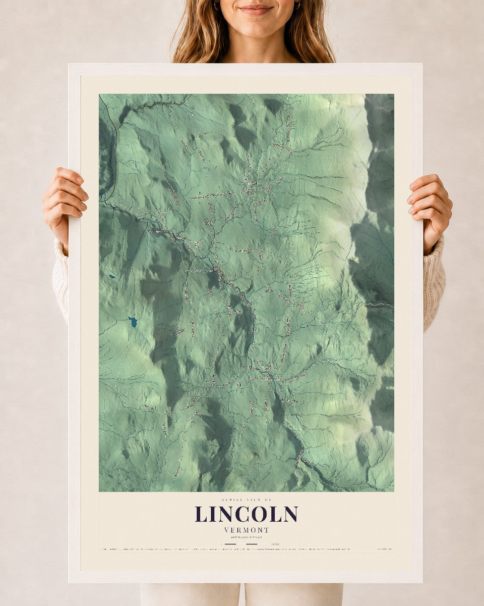Lincoln, Vermont map print - 24 x 36 white Ayous wood frame