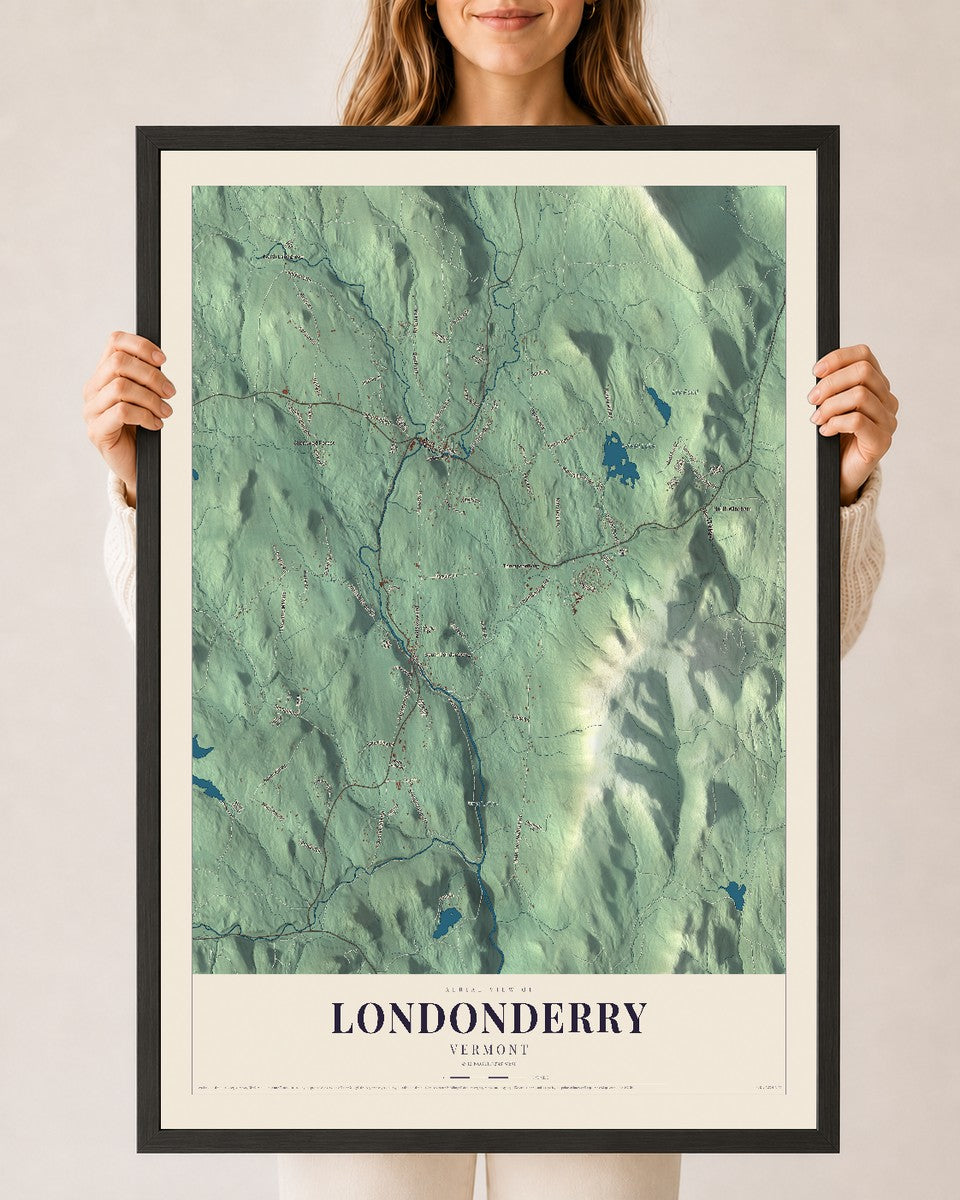Londonderry, Vermont map print - 24 x 36 black Ayous wood frame