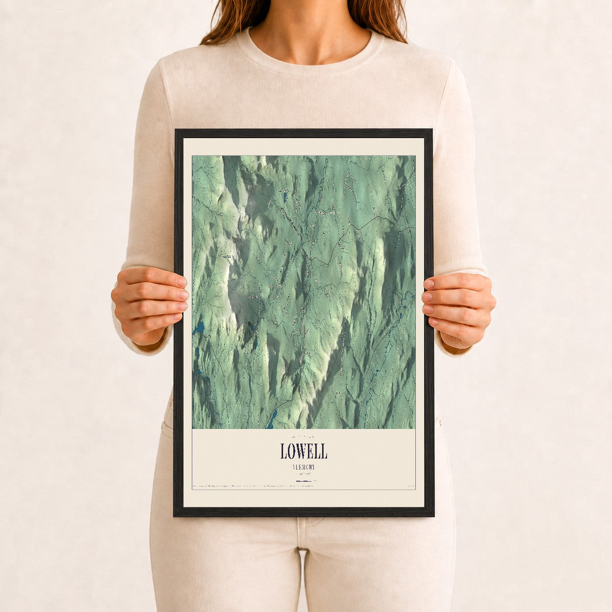 Lowell, Vermont map print - 12 x 18 black Ayous wood frame