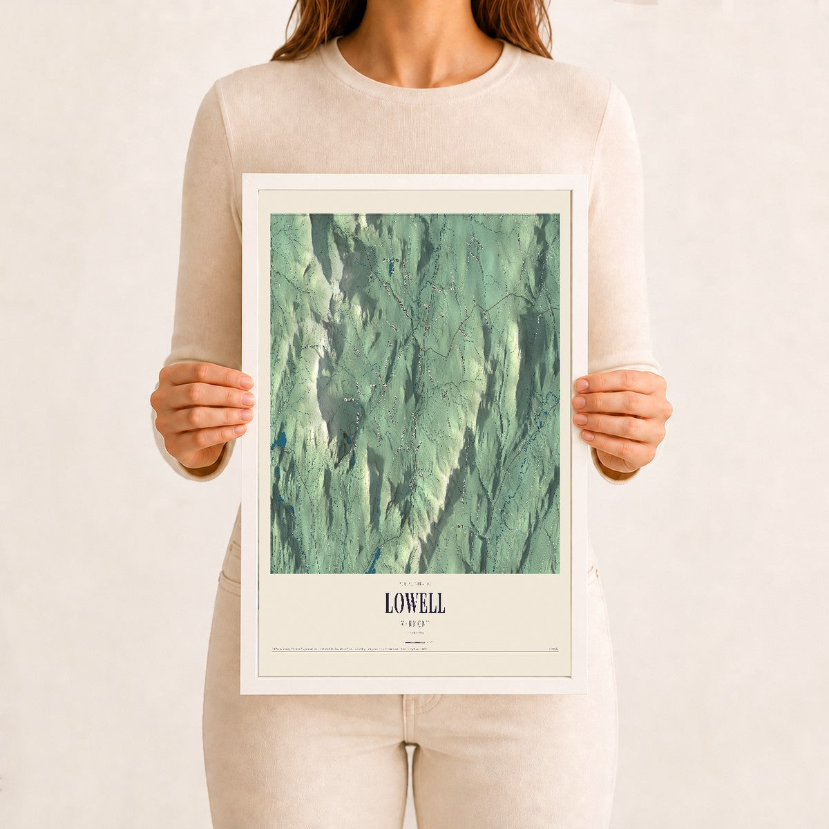Lowell, Vermont map print - 12 x 18 white Ayous wood frame