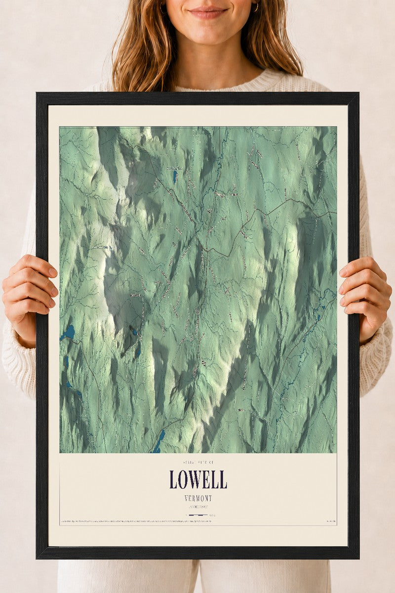Lowell, Vermont map print - 18 x 24 black Ayous wood frame