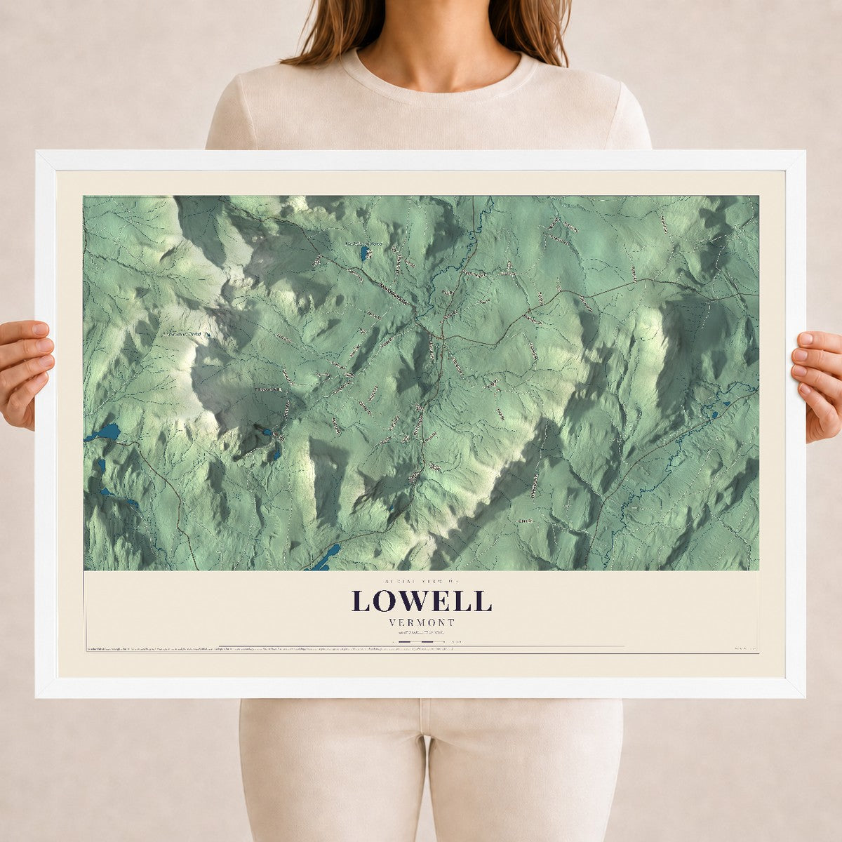 Map of Lowell, Vermont, 18 x 24 inch print in a white wood frame