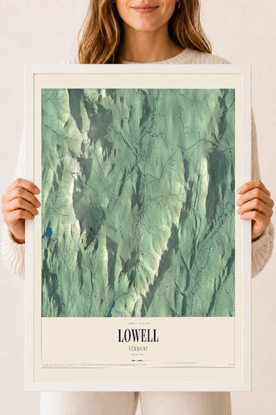Lowell, Vermont map print - 18 x 24 white Ayous wood frame