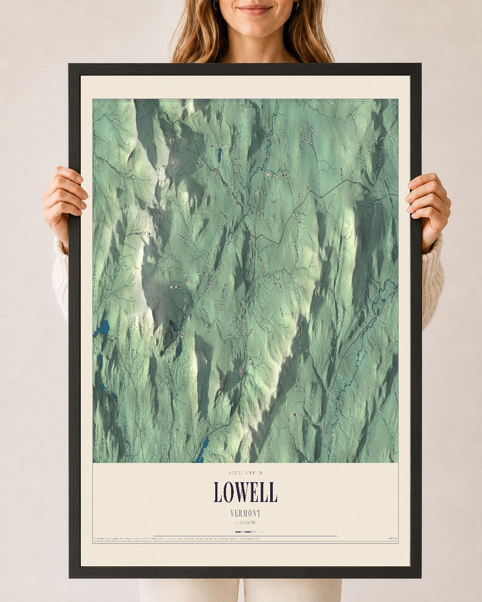 Lowell, Vermont map print - 24 x 36 black Ayous wood frame