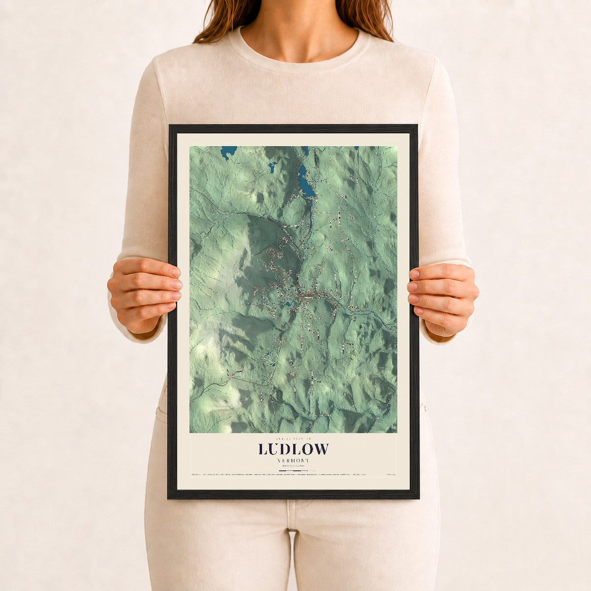 Ludlow, Vermont map print - 12 x 18 black Ayous wood frame
