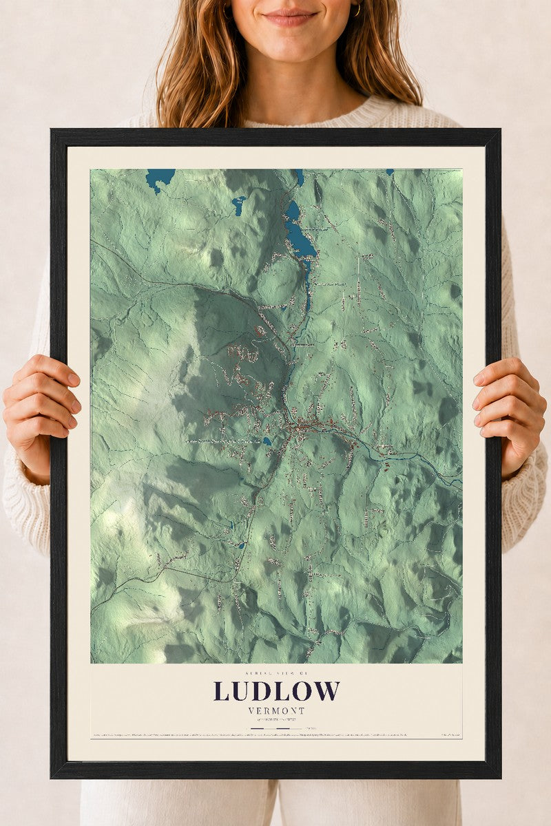 Ludlow, Vermont map print - 18 x 24 black Ayous wood frame