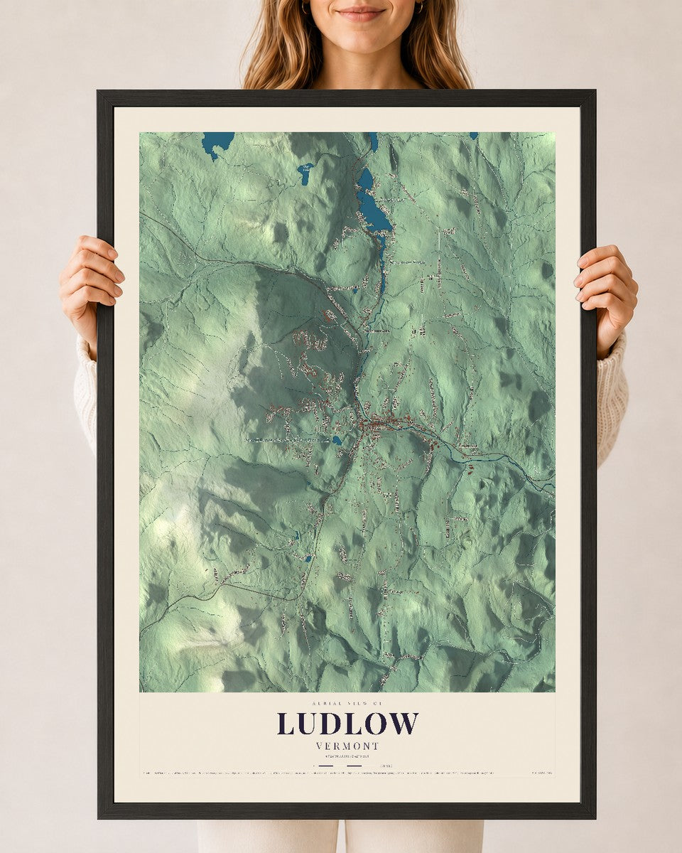 Ludlow, Vermont map print - 24 x 36 black Ayous wood frame