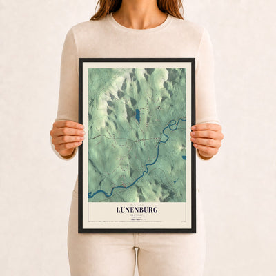 Lunenburg, Vermont map print - 12 x 18 black Ayous wood frame