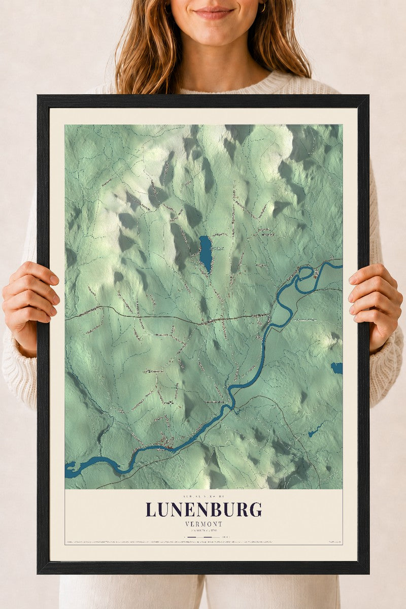 Lunenburg, Vermont map print - 18 x 24 black Ayous wood frame