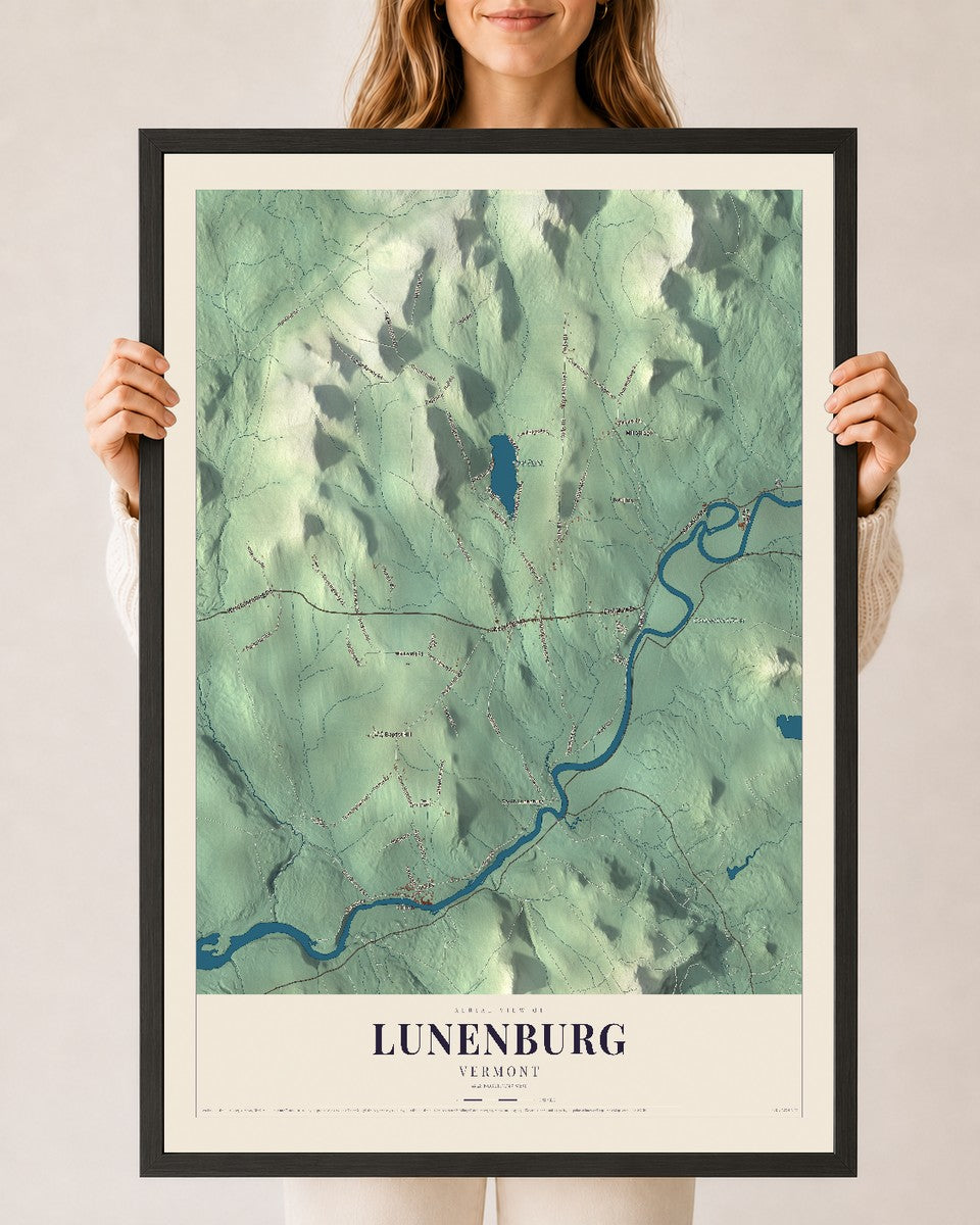 Lunenburg, Vermont map print - 24 x 36 black Ayous wood frame