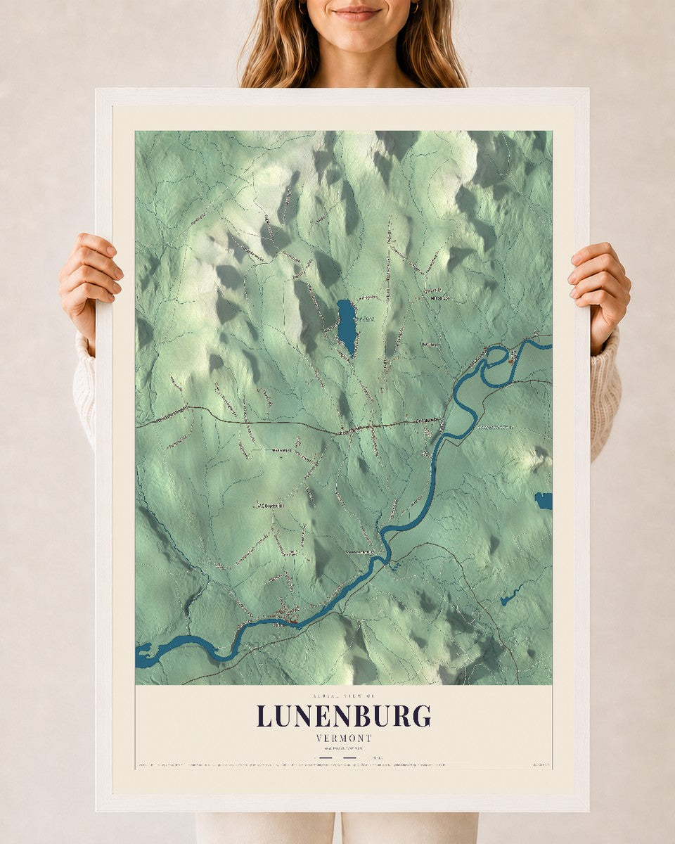 Lunenburg, Vermont map print - 24 x 36 white Ayous wood frame