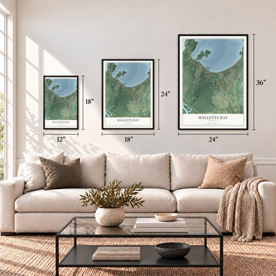 Malletts Bay, Vermont map in 12 x 18, 18 x 24 and 24 x 36 inch sizes above a sofa