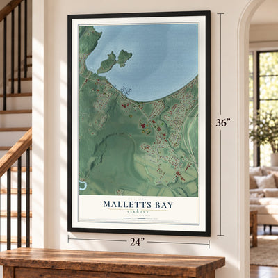 Malletts Bay, Vermont map, 24 x 36 inch print in a black frame by a staircase