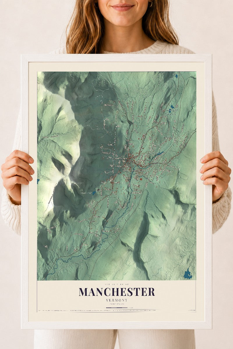 Manchester, Vermont map print - 18 x 24 white Ayous wood frame