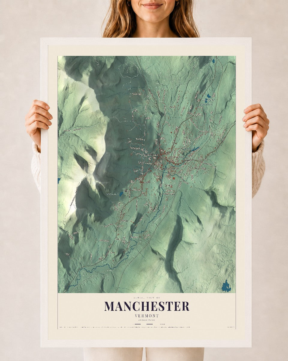 Manchester, Vermont map print - 24 x 36 white Ayous wood frame
