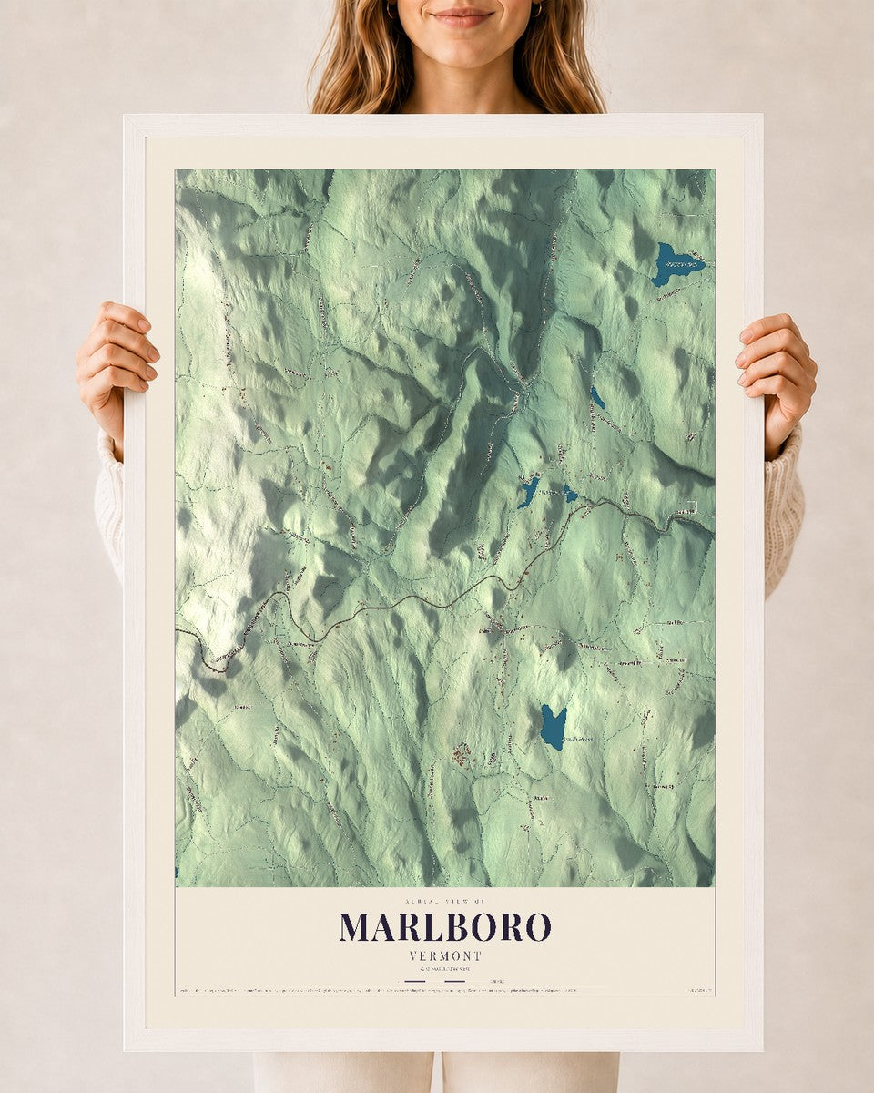 Marlboro, Vermont map print - 24 x 36 white Ayous wood frame