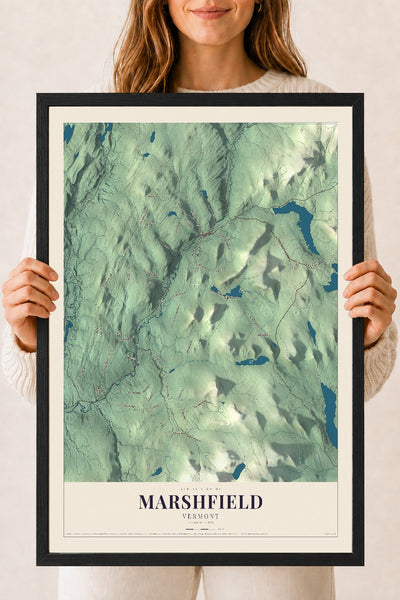 Marshfield, Vermont map print - 18 x 24 black Ayous wood frame