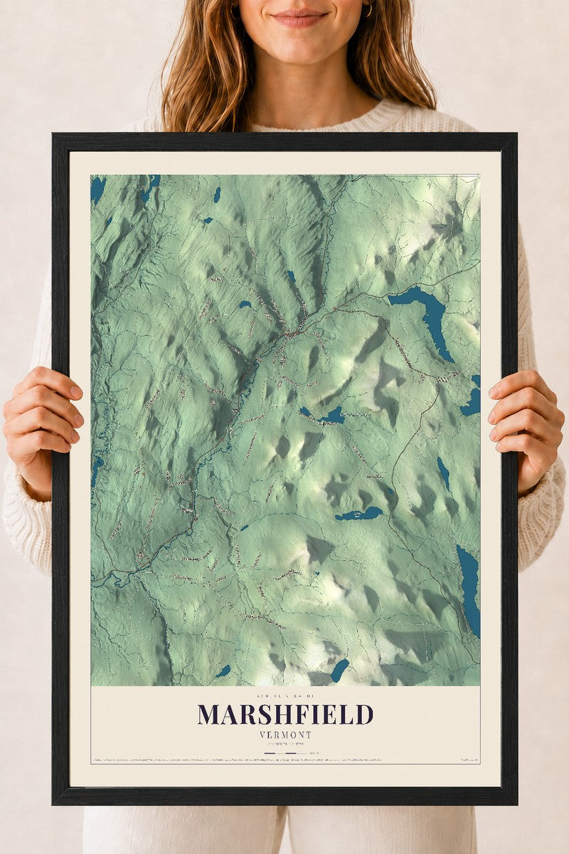 Marshfield, Vermont map print - 18 x 24 black Ayous wood frame