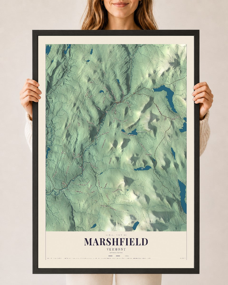 Marshfield, Vermont map print - 24 x 36 black Ayous wood frame