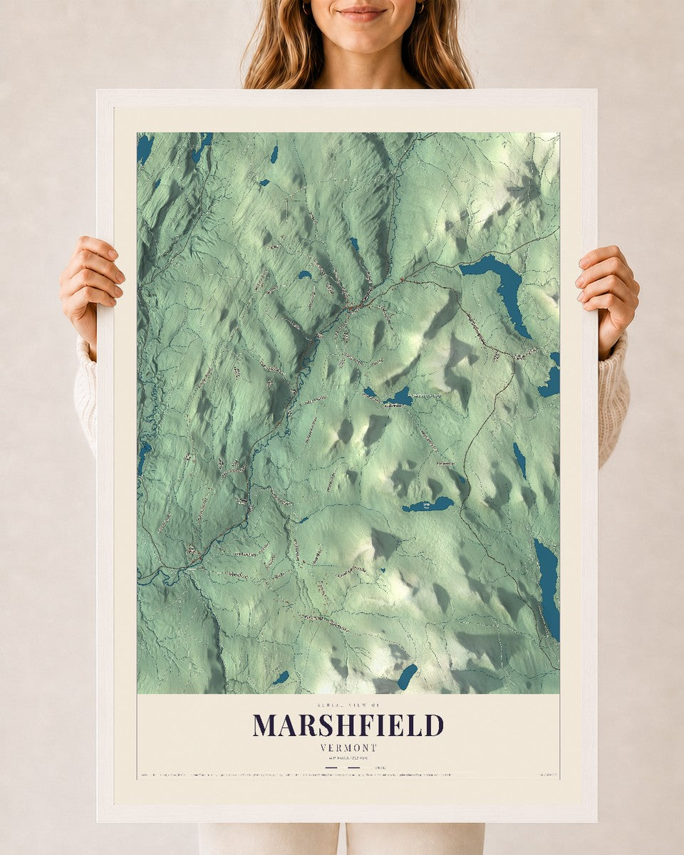 Marshfield, Vermont map print - 24 x 36 white Ayous wood frame