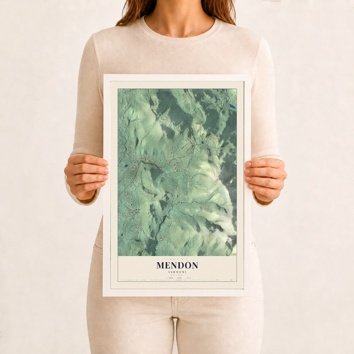 Mendon, Vermont map print - 12 x 18 white Ayous wood frame