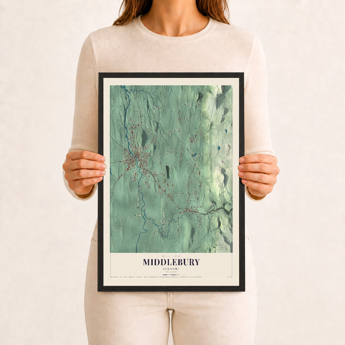 Middlebury, Vermont map print - 12 x 18 black Ayous wood frame