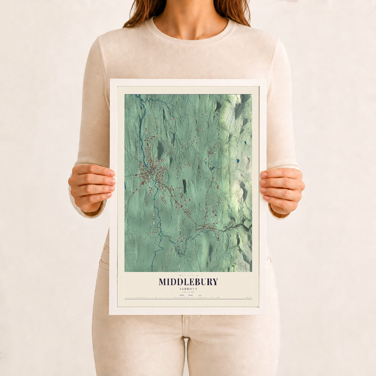 Middlebury, Vermont map print - 12 x 18 white Ayous wood frame