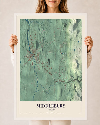 Middlebury, Vermont map print - 24 x 36 white Ayous wood frame