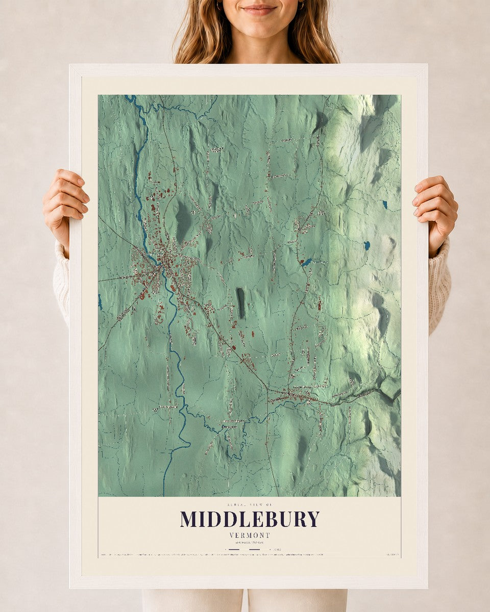 Middlebury, Vermont map print - 24 x 36 white Ayous wood frame