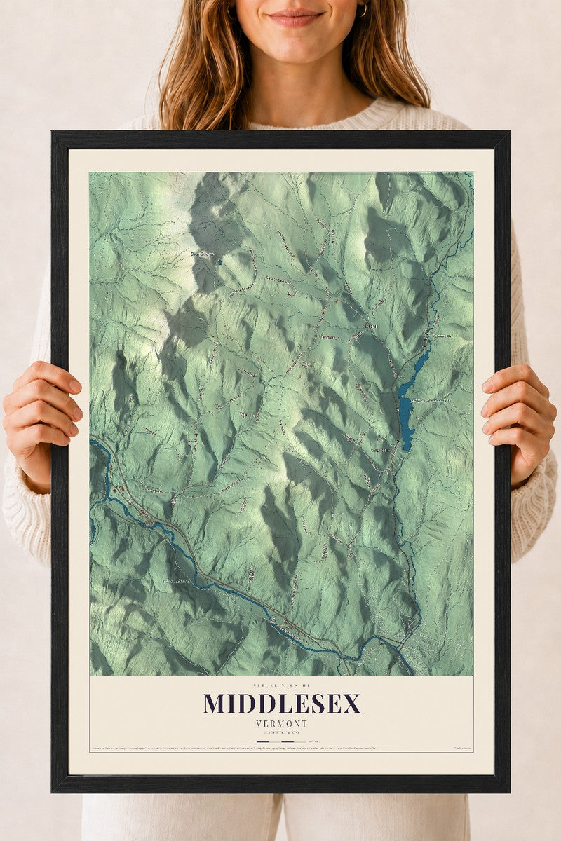 Middlesex, Vermont map print - 18 x 24 black Ayous wood frame