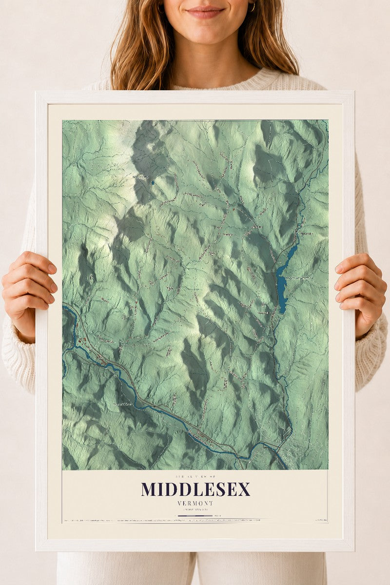Middlesex, Vermont map print - 18 x 24 white Ayous wood frame