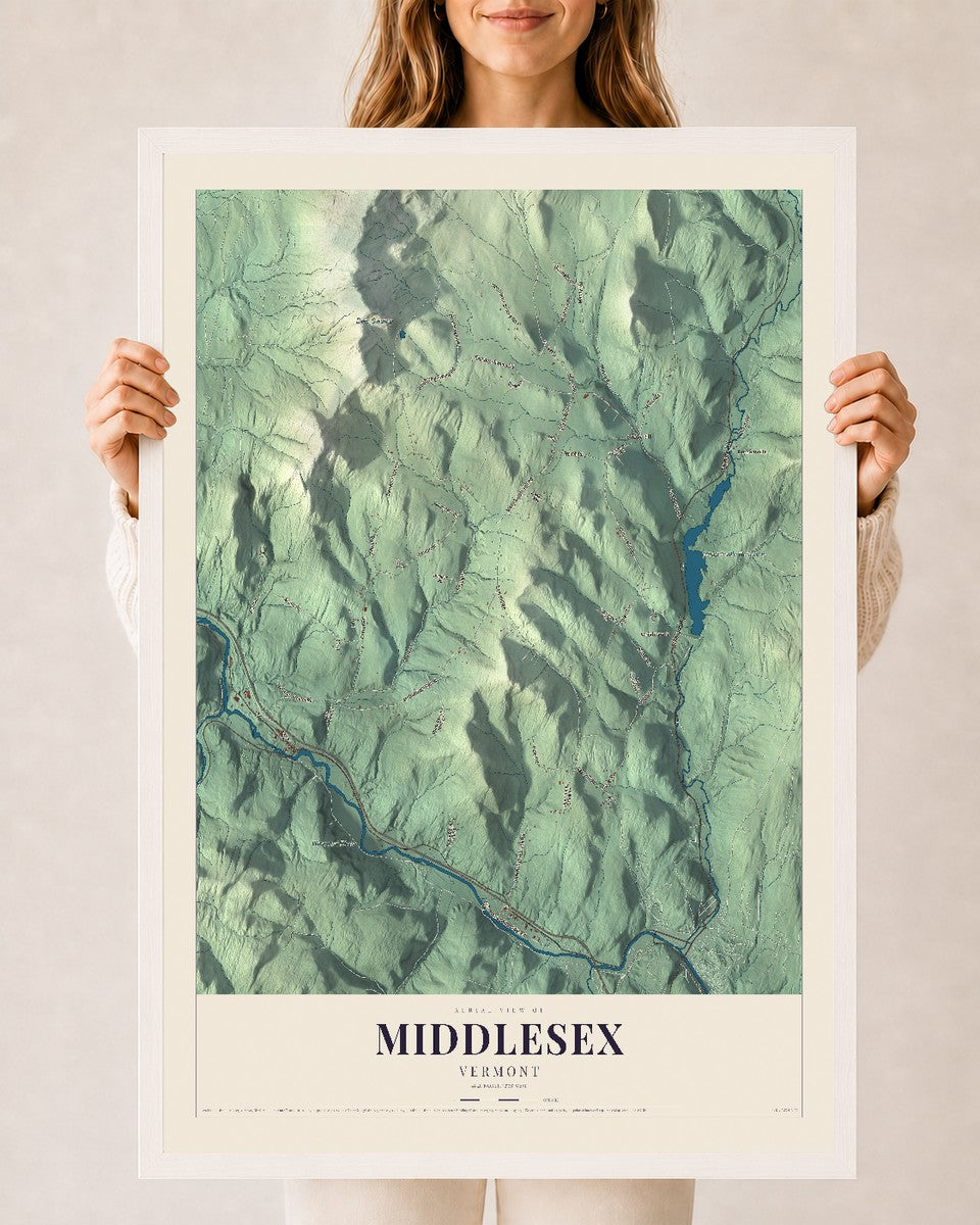 Middlesex, Vermont map print - 24 x 36 white Ayous wood frame