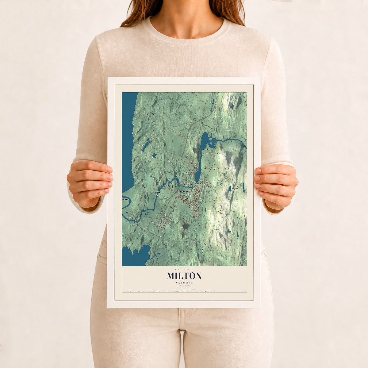 Milton, Vermont map print - 12 x 18 white Ayous wood frame