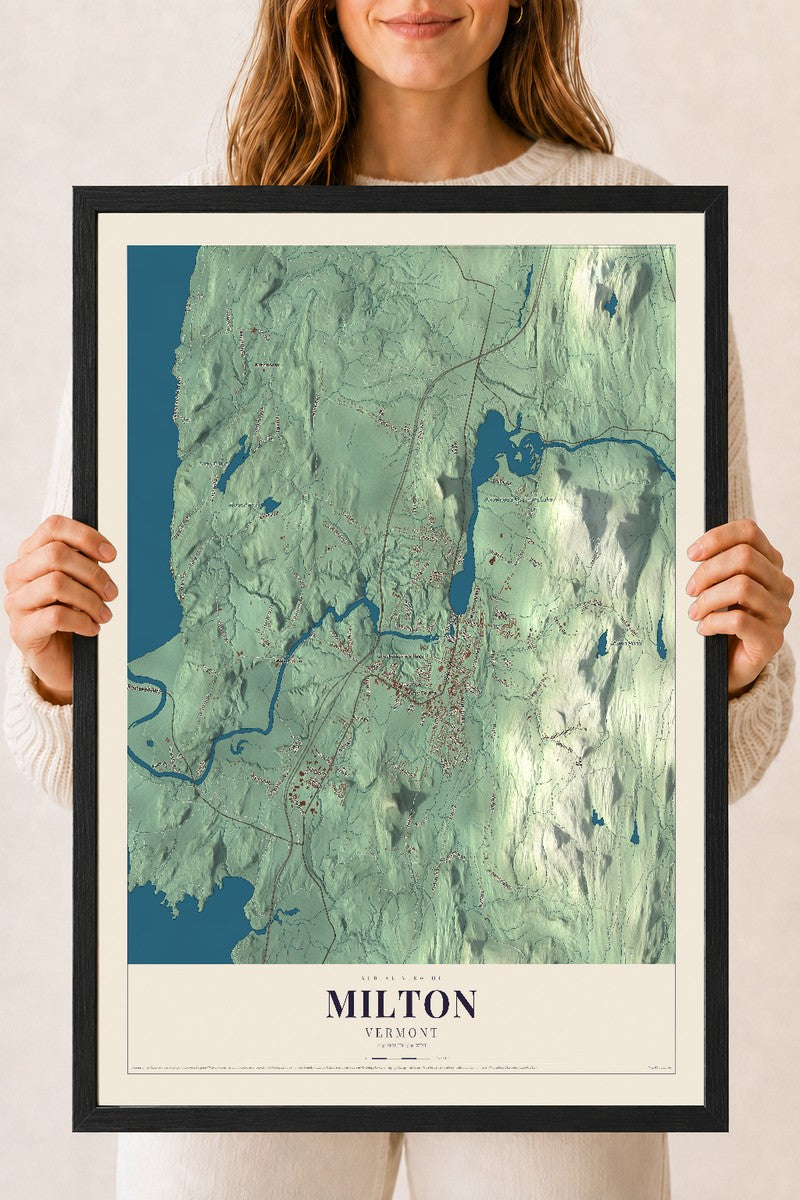 Milton, Vermont map print - 18 x 24 black Ayous wood frame