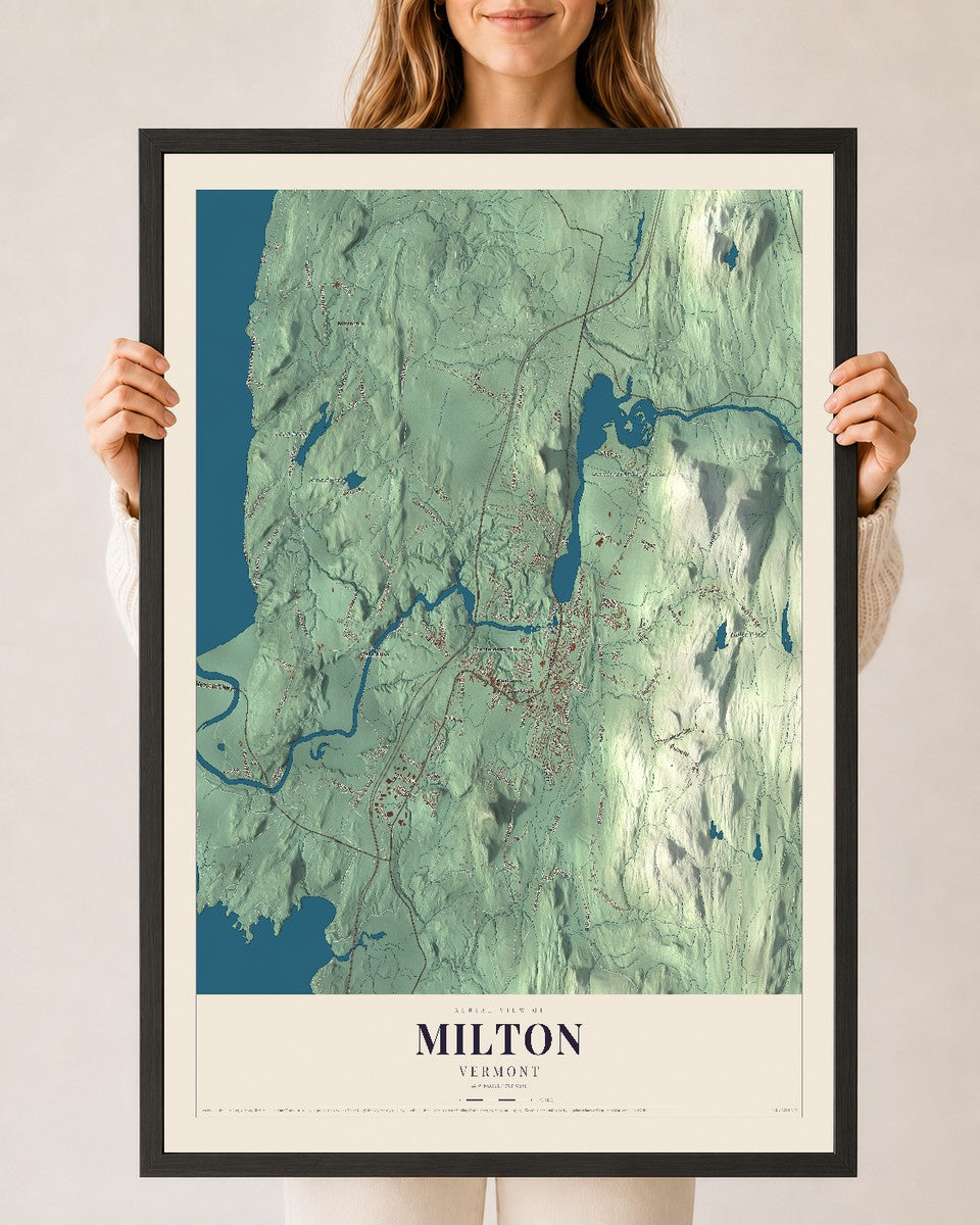 Milton, Vermont map print - 24 x 36 black Ayous wood frame