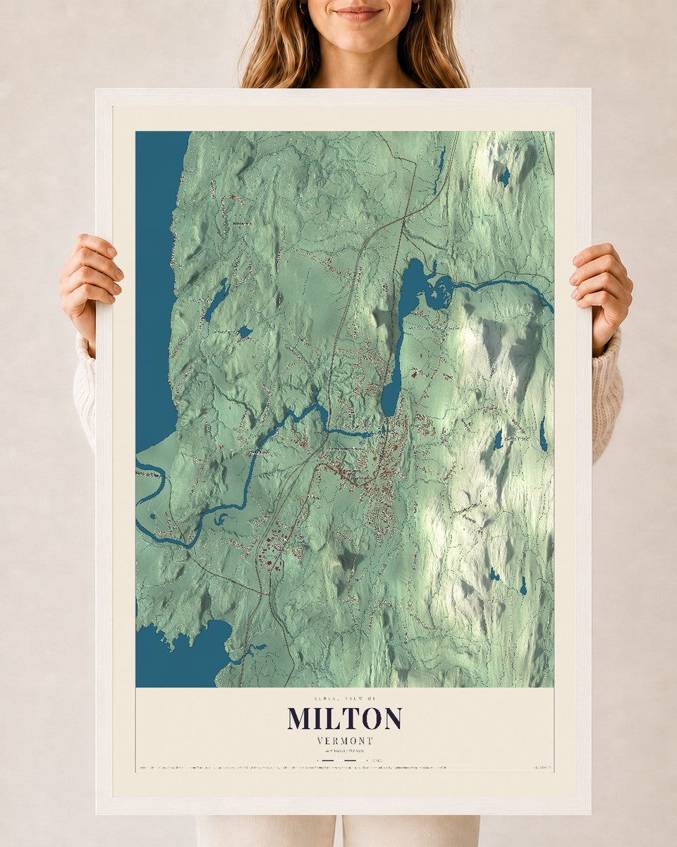 Milton, Vermont map print - 24 x 36 white Ayous wood frame