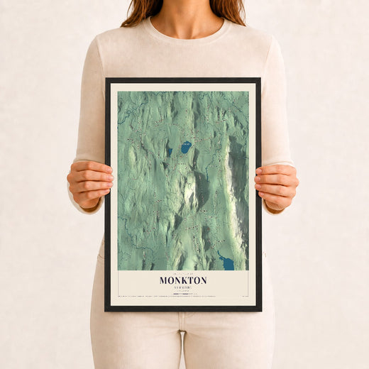 Map of Monkton, Vermont, 12 x 18 inch print in a black wood frame