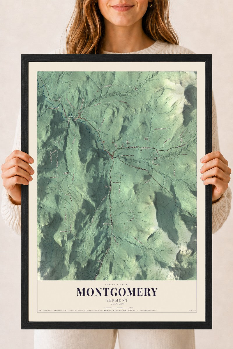Montgomery, Vermont map print - 18 x 24 black Ayous wood frame