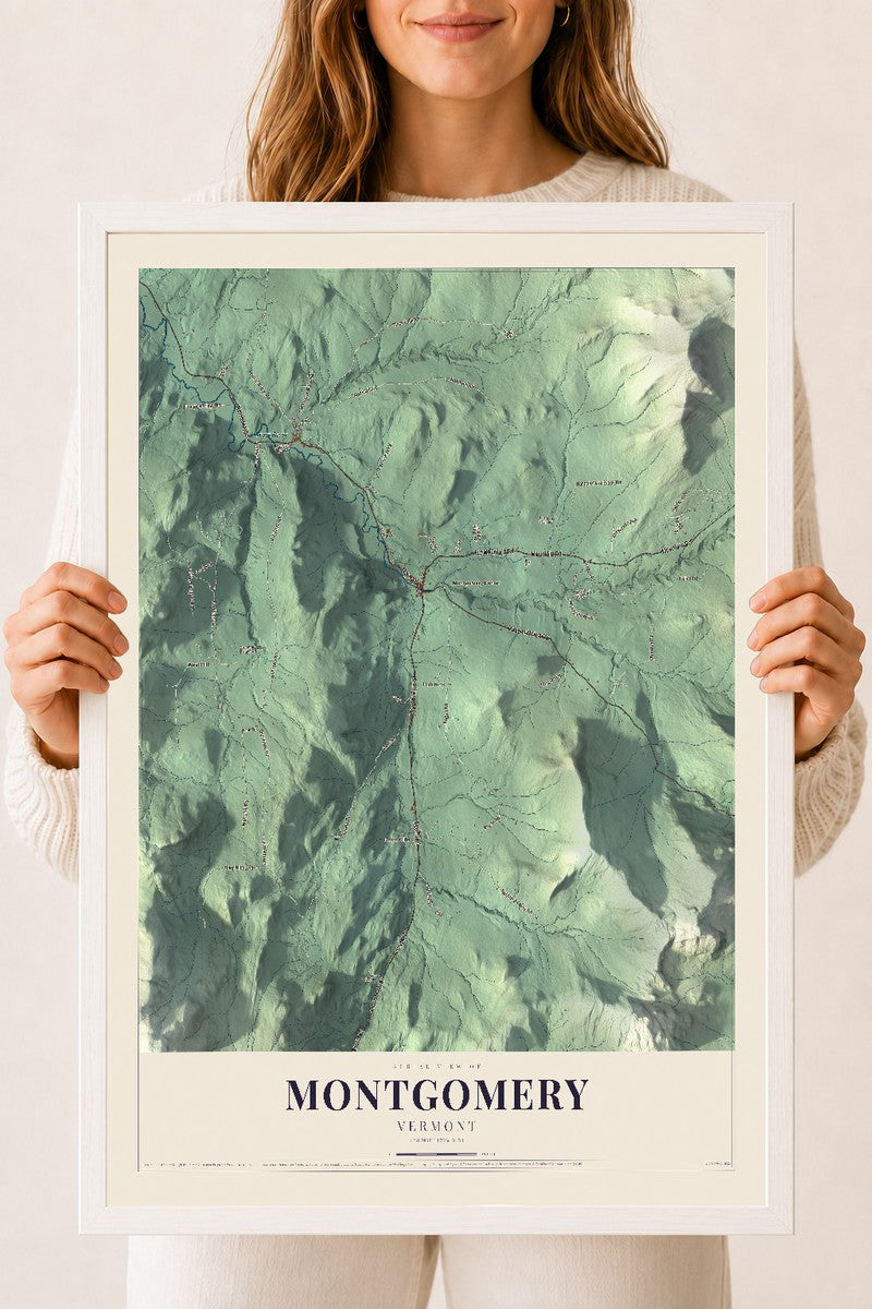Montgomery, Vermont map print - 18 x 24 white Ayous wood frame