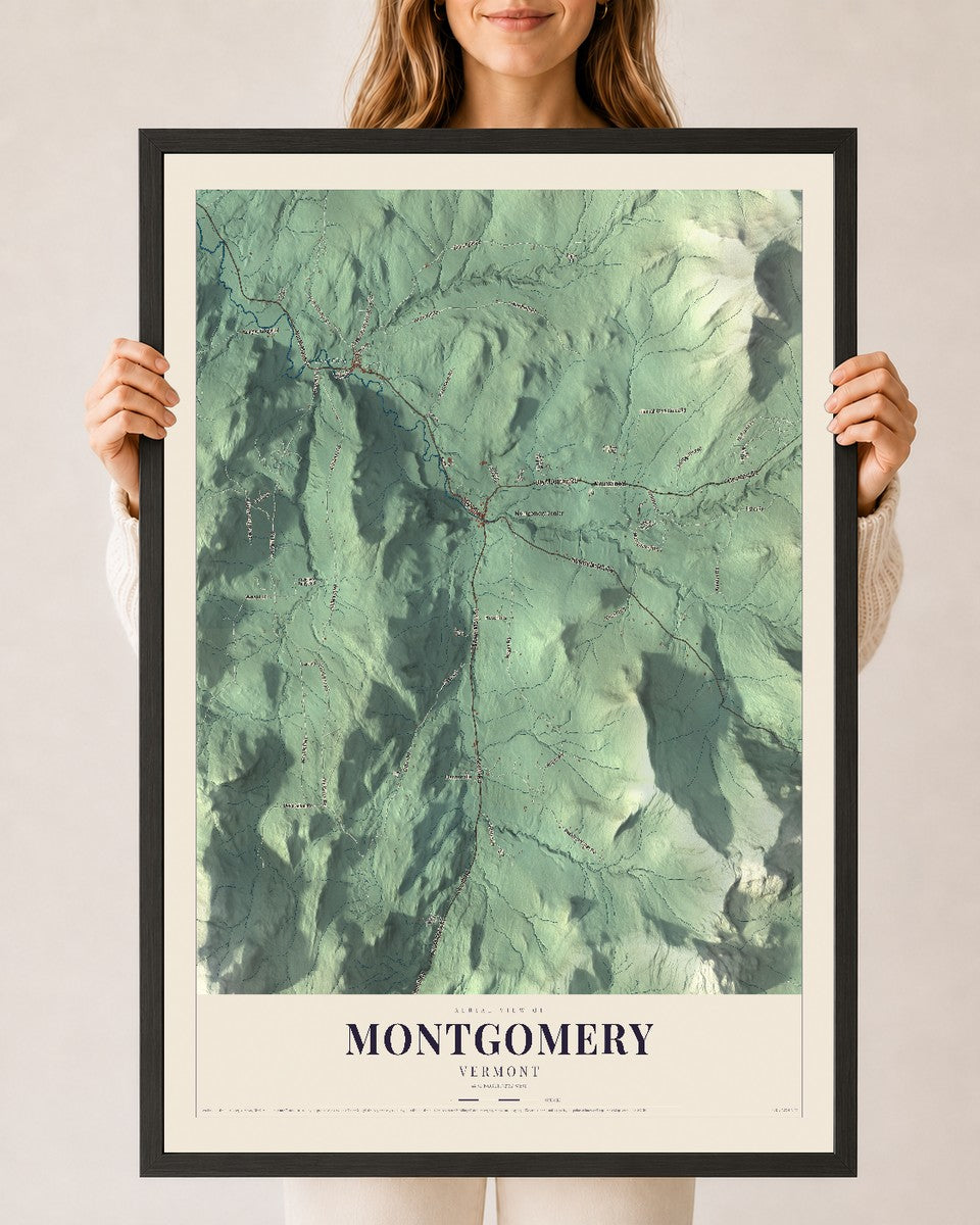 Montgomery, Vermont map print - 24 x 36 black Ayous wood frame