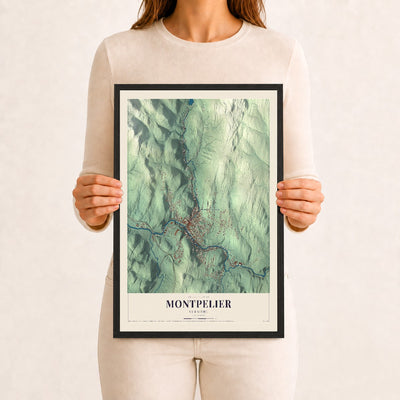 Montpelier, Vermont map print - 12 x 18 black Ayous wood frame