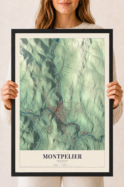 Montpelier, Vermont map print - 18 x 24 black Ayous wood frame