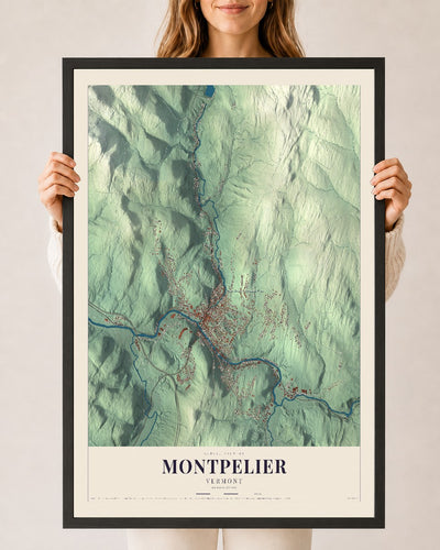 Montpelier, Vermont map print - 24 x 36 black Ayous wood frame