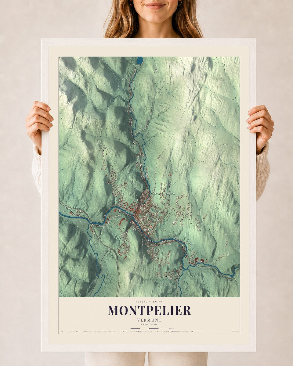 Montpelier, Vermont map print - 24 x 36 white Ayous wood frame